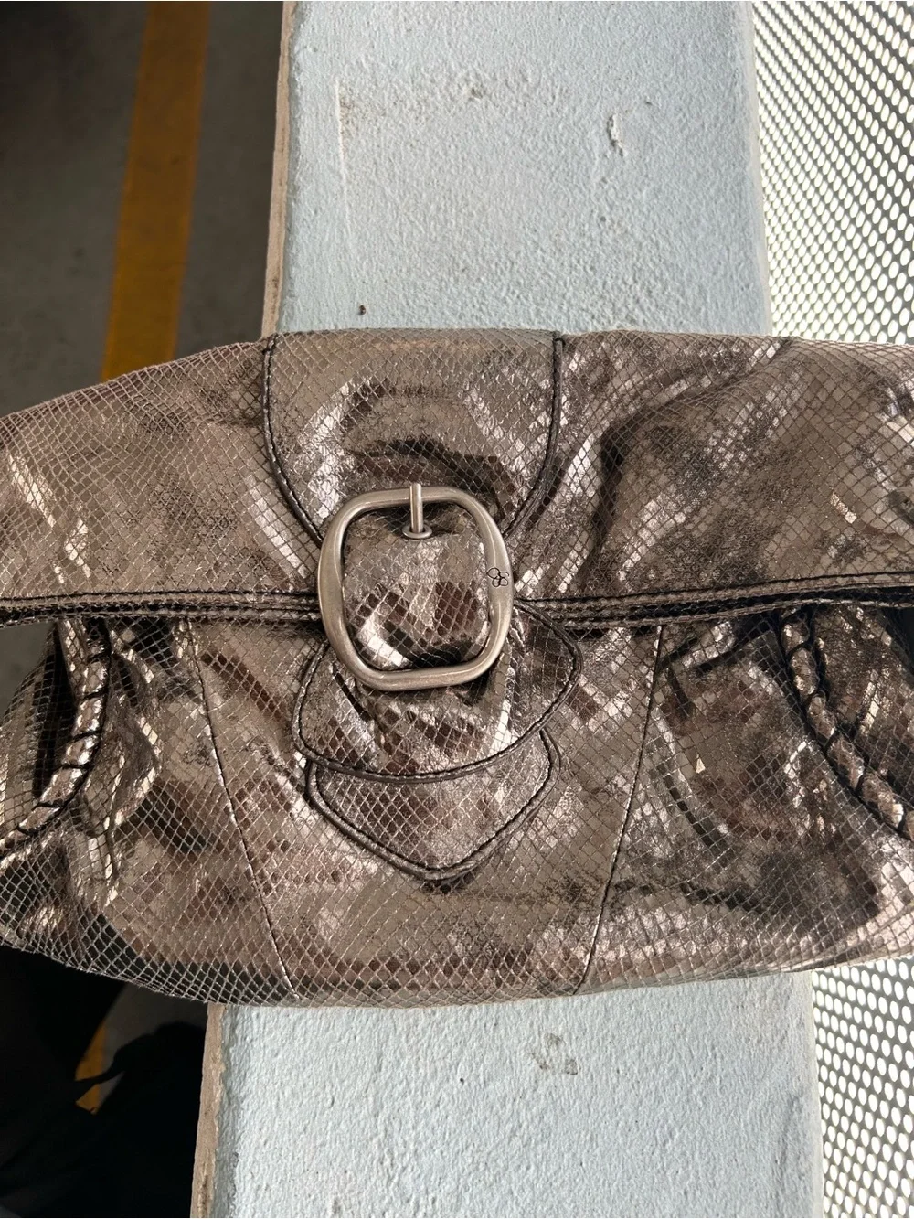 Jessica Simpson Metallic Snake-Effect Foldover Clutch in Gunmetal Bronze